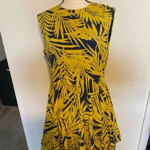 H&M Yellow Palm Leaf Print Fit & Flare Dress Size 14